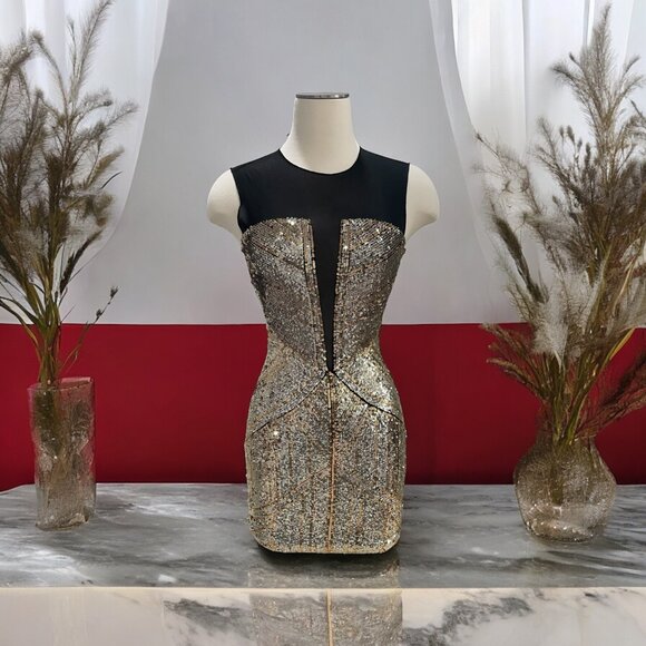 Bebe Bling Dress XXS - Sequin Embellished Mesh Panel Bodycon Party/Cocktail - Picture 1 of 8